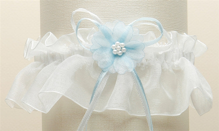 Organza Bridal Garters with Baby Pearl Cluster - Ivory with "Something Blue"